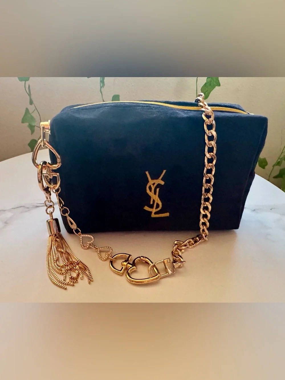 Yves Saint Laurent Black Cosmetic Pouch with Gold YSL Logo